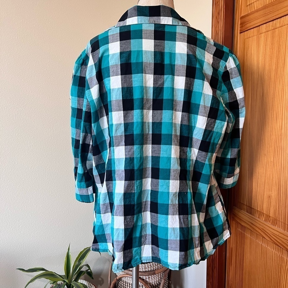 CJ Banks 3X Plaid Shirt Elbow Length Sleeve Button Up Ruffle Casual Square Neck - Picture 4 of 8